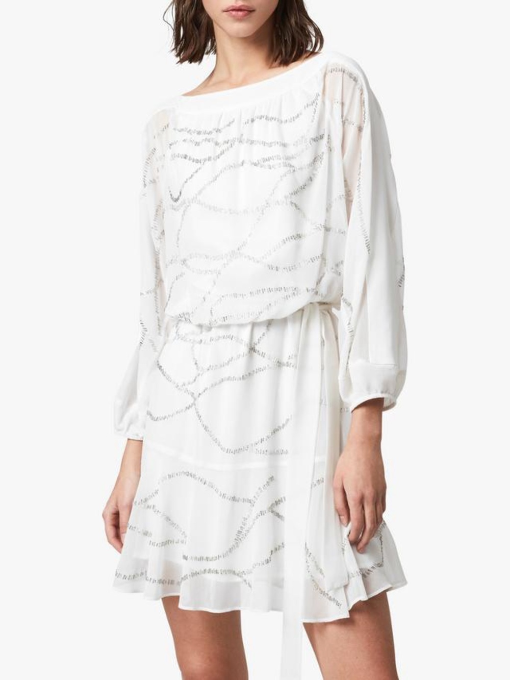 All Saints White Embellished Silver Beaded Chiffon Dress